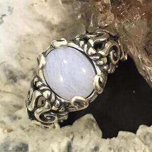 Carolyn Pollack Sterling Oval Blue Lace Agate Decorated Ring Size 8.5 For Women